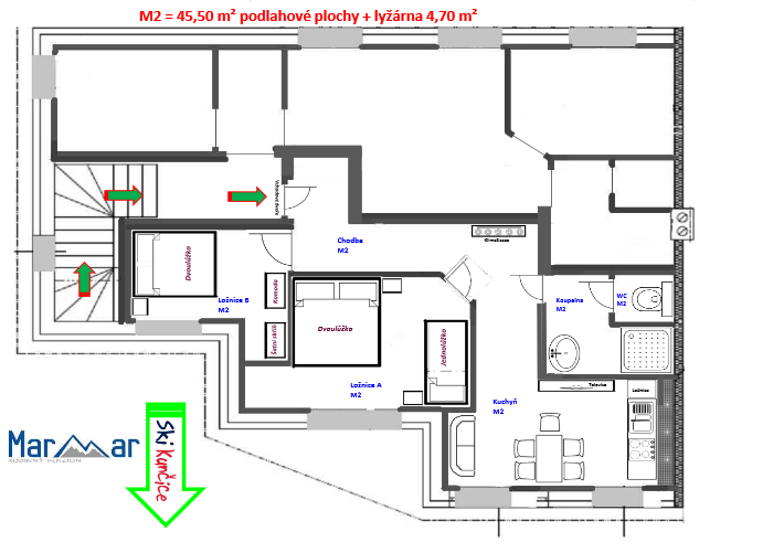 Načrt apartmaja M2 - pogled na smučišče Kunčice